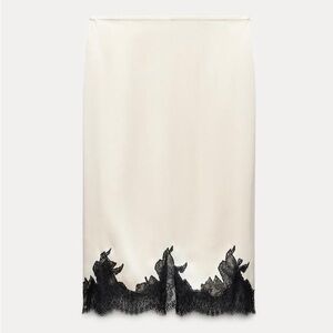 ZARA Ivory Ecru Cream Black Lace Trim Satin Faux Silk Slip Skirt NWT